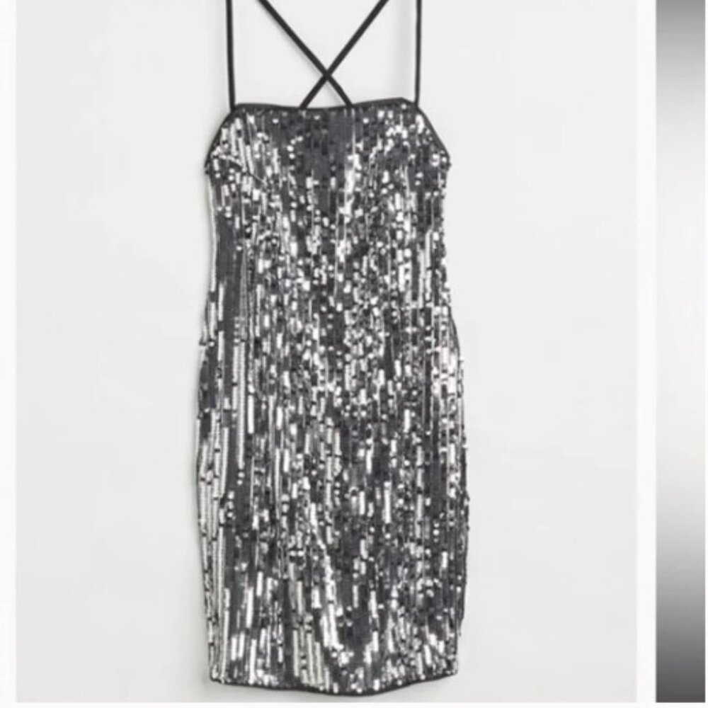 H&M silver sequined mini dress with open back. Size:XXL